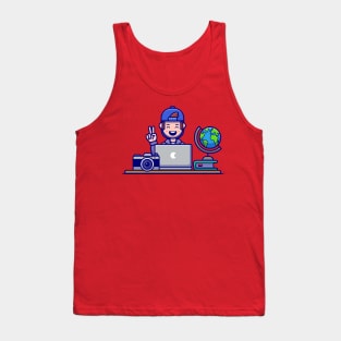 Happy Man Working On Laptop Cartoon Tank Top